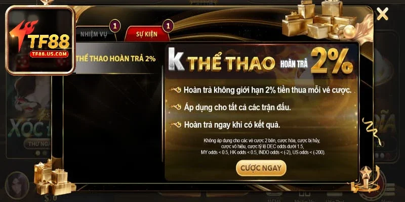 Cập Nhật 3 Khuyến Mãi TF88 Mới Và Hot Nhất Năm 2025 2 Khuyến mãi TF88 hoàn 2% tại mục thể thao